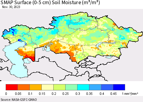 Kazakhstan SMAP Surface (0-5 cm) Soil Moisture (m³/m³) Thematic Map For 11/26/2023 - 11/30/2023