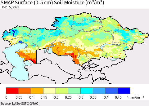 Kazakhstan SMAP Surface (0-5 cm) Soil Moisture (m³/m³) Thematic Map For 12/1/2023 - 12/5/2023