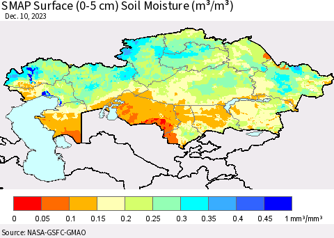 Kazakhstan SMAP Surface (0-5 cm) Soil Moisture (m³/m³) Thematic Map For 12/6/2023 - 12/10/2023