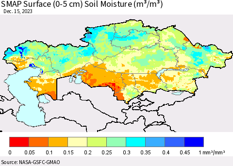 Kazakhstan SMAP Surface (0-5 cm) Soil Moisture (m³/m³) Thematic Map For 12/11/2023 - 12/15/2023