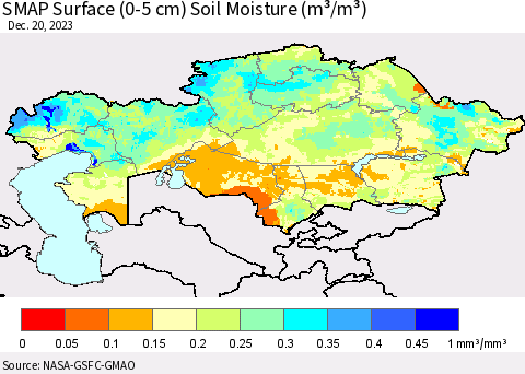 Kazakhstan SMAP Surface (0-5 cm) Soil Moisture (m³/m³) Thematic Map For 12/16/2023 - 12/20/2023