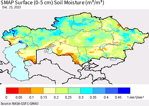 Kazakhstan SMAP Surface (0-5 cm) Soil Moisture (m³/m³) Thematic Map For 12/21/2023 - 12/25/2023