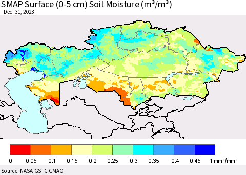 Kazakhstan SMAP Surface (0-5 cm) Soil Moisture (m³/m³) Thematic Map For 12/26/2023 - 12/31/2023