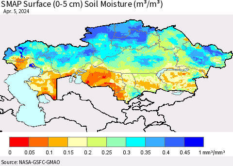 Kazakhstan SMAP Surface (0-5 cm) Soil Moisture (m³/m³) Thematic Map For 4/1/2024 - 4/5/2024