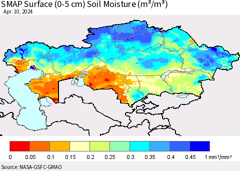 Kazakhstan SMAP Surface (0-5 cm) Soil Moisture (m³/m³) Thematic Map For 4/6/2024 - 4/10/2024