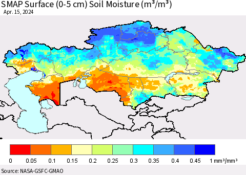 Kazakhstan SMAP Surface (0-5 cm) Soil Moisture (m³/m³) Thematic Map For 4/11/2024 - 4/15/2024