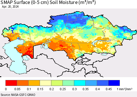 Kazakhstan SMAP Surface (0-5 cm) Soil Moisture (m³/m³) Thematic Map For 4/16/2024 - 4/20/2024
