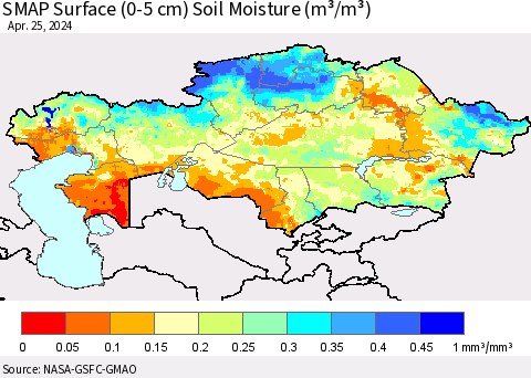 Kazakhstan SMAP Surface (0-5 cm) Soil Moisture (m³/m³) Thematic Map For 4/21/2024 - 4/25/2024