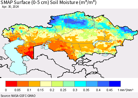 Kazakhstan SMAP Surface (0-5 cm) Soil Moisture (m³/m³) Thematic Map For 4/26/2024 - 4/30/2024