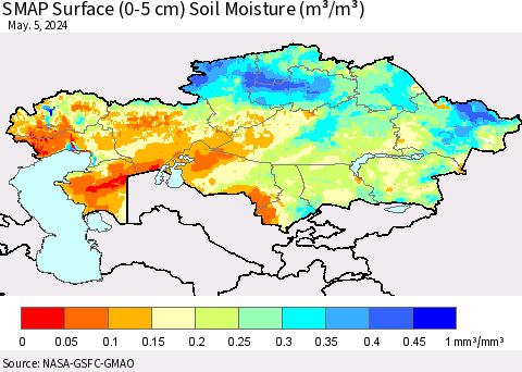 Kazakhstan SMAP Surface (0-5 cm) Soil Moisture (m³/m³) Thematic Map For 5/1/2024 - 5/5/2024