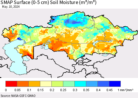 Kazakhstan SMAP Surface (0-5 cm) Soil Moisture (m³/m³) Thematic Map For 5/6/2024 - 5/10/2024