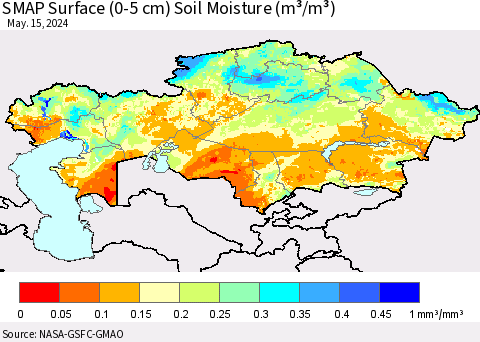 Kazakhstan SMAP Surface (0-5 cm) Soil Moisture (m³/m³) Thematic Map For 5/11/2024 - 5/15/2024