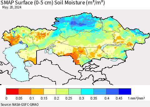 Kazakhstan SMAP Surface (0-5 cm) Soil Moisture (m³/m³) Thematic Map For 5/16/2024 - 5/20/2024