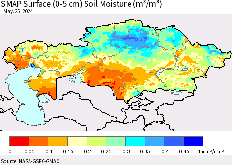 Kazakhstan SMAP Surface (0-5 cm) Soil Moisture (m³/m³) Thematic Map For 5/21/2024 - 5/25/2024
