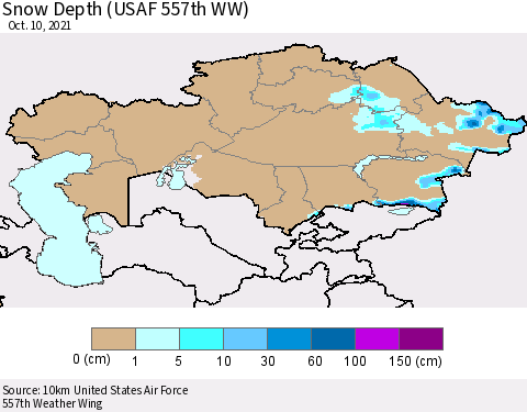 Kazakhstan Snow Depth (USAF 557th WW) Thematic Map For 10/4/2021 - 10/10/2021