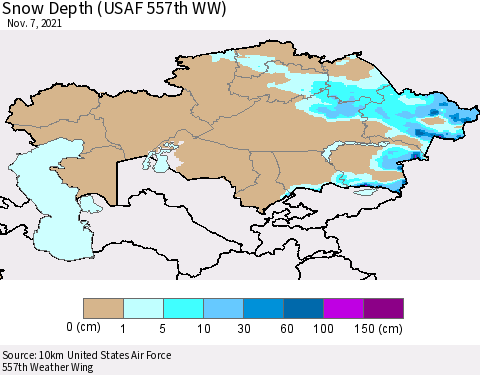 Kazakhstan Snow Depth (USAF 557th WW) Thematic Map For 11/1/2021 - 11/7/2021