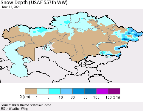 Kazakhstan Snow Depth (USAF 557th WW) Thematic Map For 11/8/2021 - 11/14/2021
