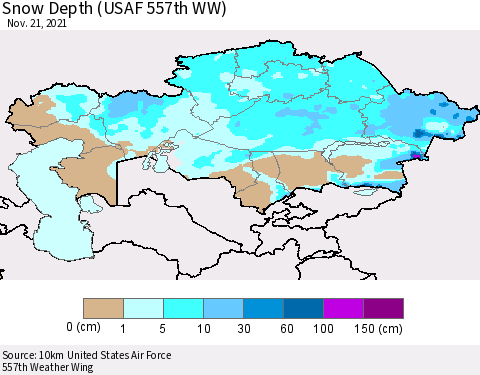 Kazakhstan Snow Depth (USAF 557th WW) Thematic Map For 11/15/2021 - 11/21/2021