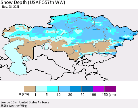 Kazakhstan Snow Depth (USAF 557th WW) Thematic Map For 11/22/2021 - 11/28/2021
