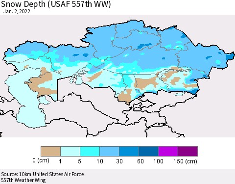 Kazakhstan Snow Depth (USAF 557th WW) Thematic Map For 12/27/2021 - 1/2/2022