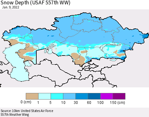 Kazakhstan Snow Depth (USAF 557th WW) Thematic Map For 1/3/2022 - 1/9/2022