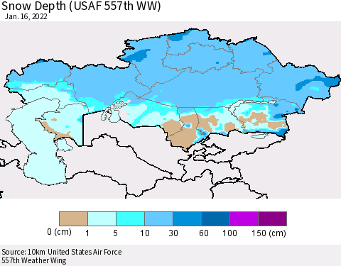 Kazakhstan Snow Depth (USAF 557th WW) Thematic Map For 1/10/2022 - 1/16/2022
