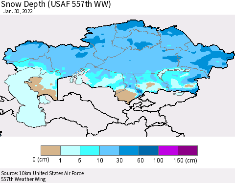 Kazakhstan Snow Depth (USAF 557th WW) Thematic Map For 1/24/2022 - 1/30/2022