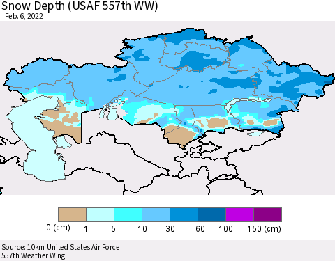 Kazakhstan Snow Depth (USAF 557th WW) Thematic Map For 1/31/2022 - 2/6/2022