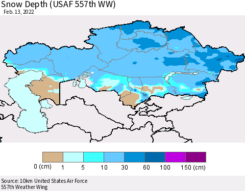 Kazakhstan Snow Depth (USAF 557th WW) Thematic Map For 2/7/2022 - 2/13/2022