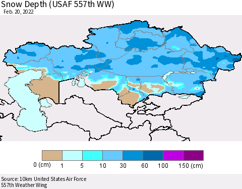 Kazakhstan Snow Depth (USAF 557th WW) Thematic Map For 2/14/2022 - 2/20/2022