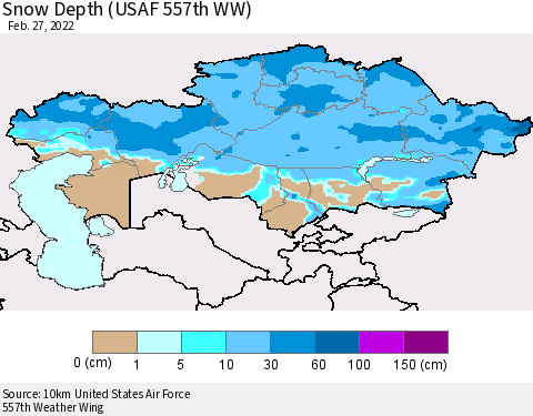 Kazakhstan Snow Depth (USAF 557th WW) Thematic Map For 2/21/2022 - 2/27/2022
