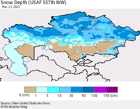 Kazakhstan Snow Depth (USAF 557th WW) Thematic Map For 3/7/2022 - 3/13/2022