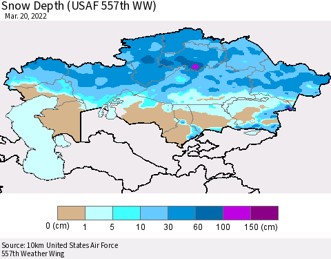Kazakhstan Snow Depth (USAF 557th WW) Thematic Map For 3/14/2022 - 3/20/2022