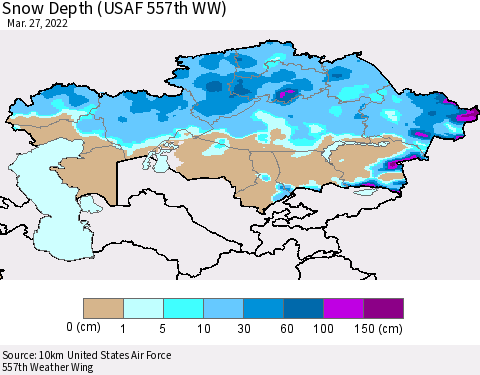 Kazakhstan Snow Depth (USAF 557th WW) Thematic Map For 3/21/2022 - 3/27/2022