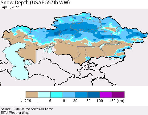 Kazakhstan Snow Depth (USAF 557th WW) Thematic Map For 3/28/2022 - 4/3/2022