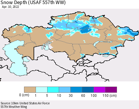 Kazakhstan Snow Depth (USAF 557th WW) Thematic Map For 4/4/2022 - 4/10/2022