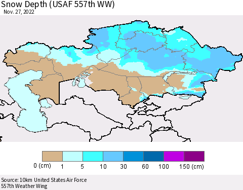 Kazakhstan Snow Depth (USAF 557th WW) Thematic Map For 11/21/2022 - 11/27/2022