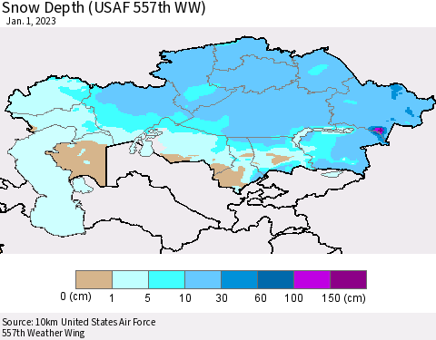 Kazakhstan Snow Depth (USAF 557th WW) Thematic Map For 12/26/2022 - 1/1/2023