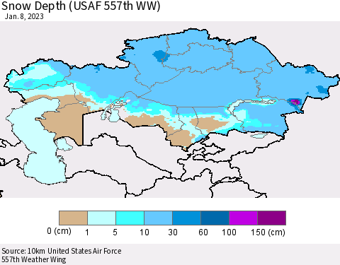 Kazakhstan Snow Depth (USAF 557th WW) Thematic Map For 1/2/2023 - 1/8/2023