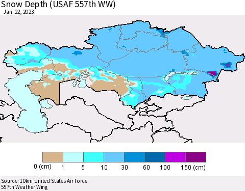 Kazakhstan Snow Depth (USAF 557th WW) Thematic Map For 1/16/2023 - 1/22/2023