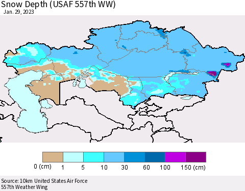 Kazakhstan Snow Depth (USAF 557th WW) Thematic Map For 1/23/2023 - 1/29/2023