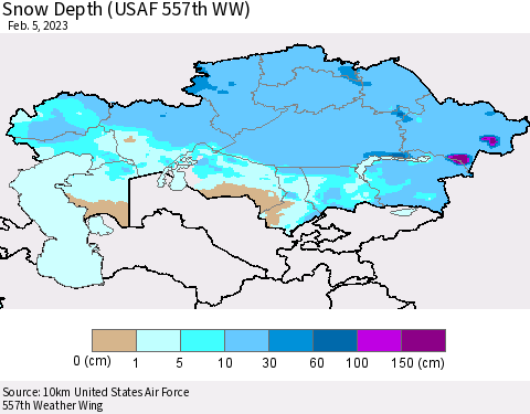 Kazakhstan Snow Depth (USAF 557th WW) Thematic Map For 1/30/2023 - 2/5/2023