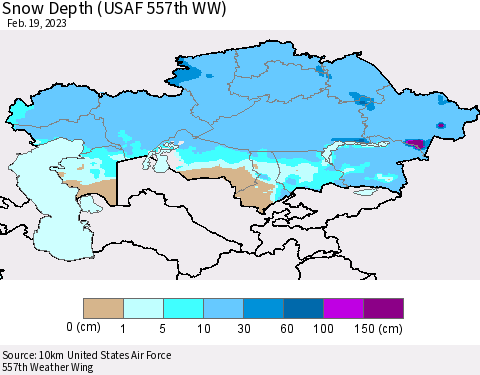 Kazakhstan Snow Depth (USAF 557th WW) Thematic Map For 2/13/2023 - 2/19/2023