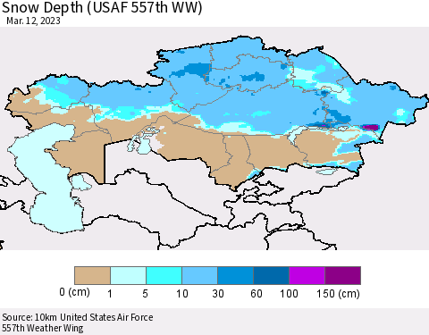 Kazakhstan Snow Depth (USAF 557th WW) Thematic Map For 3/6/2023 - 3/12/2023