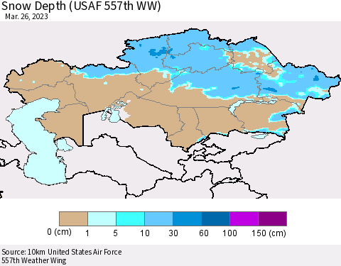 Kazakhstan Snow Depth (USAF 557th WW) Thematic Map For 3/20/2023 - 3/26/2023