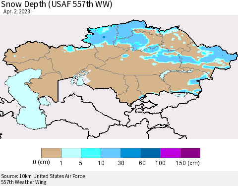 Kazakhstan Snow Depth (USAF 557th WW) Thematic Map For 3/27/2023 - 4/2/2023