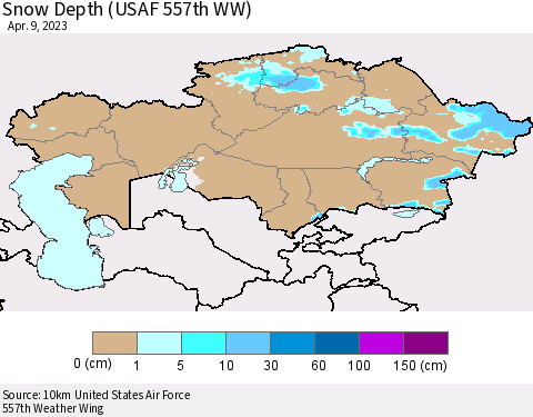 Kazakhstan Snow Depth (USAF 557th WW) Thematic Map For 4/3/2023 - 4/9/2023