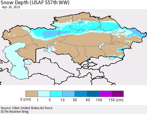 Kazakhstan Snow Depth (USAF 557th WW) Thematic Map For 4/10/2023 - 4/16/2023