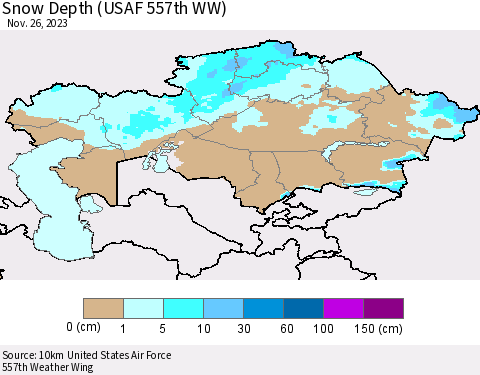 Kazakhstan Snow Depth (USAF 557th WW) Thematic Map For 11/20/2023 - 11/26/2023