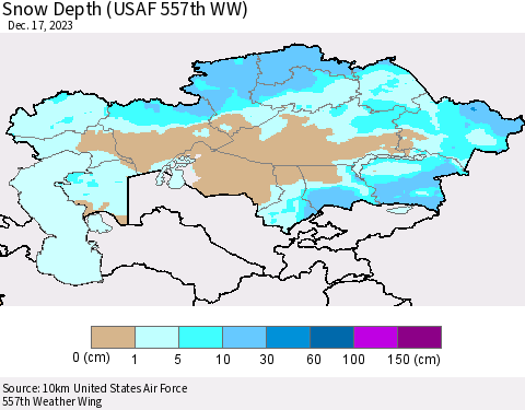 Kazakhstan Snow Depth (USAF 557th WW) Thematic Map For 12/11/2023 - 12/17/2023